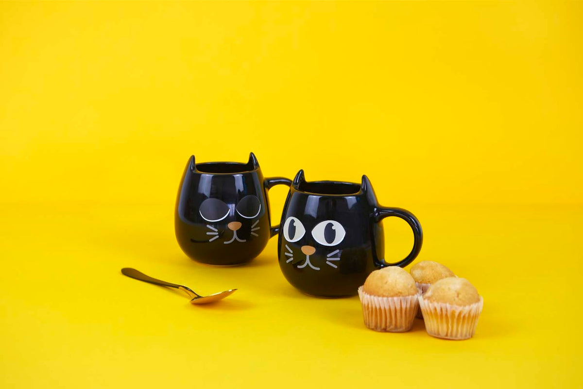 Kaffekoppar Wake cat  x 2 svart keramik